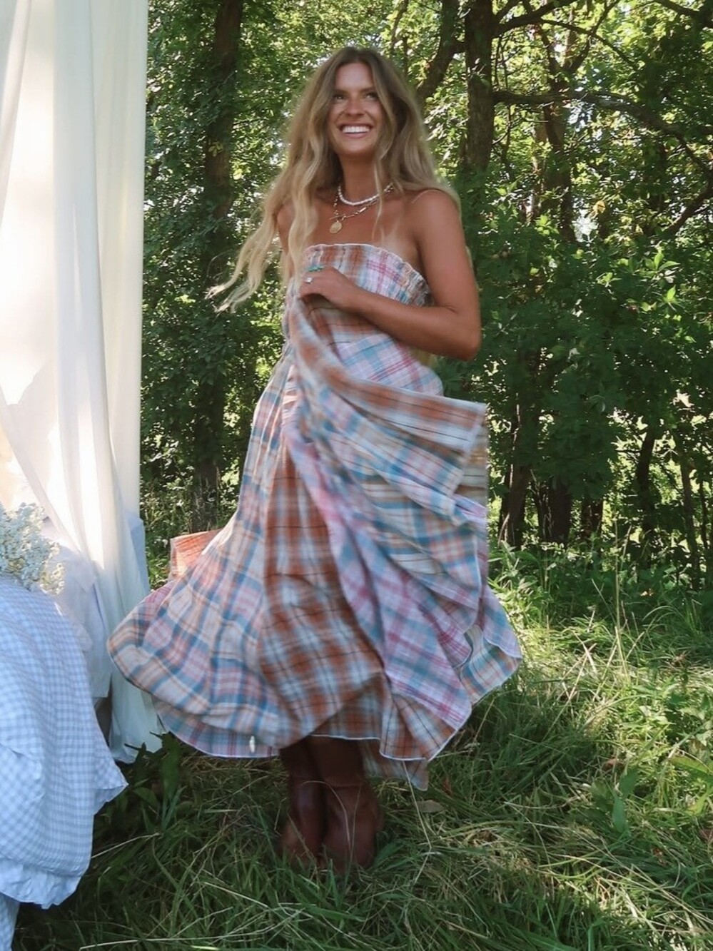 Oli & Hali Mineral Wash Patchwork Plaid Smock Convertible Midi Dress Maxi Skirt - Picture 15 of 15